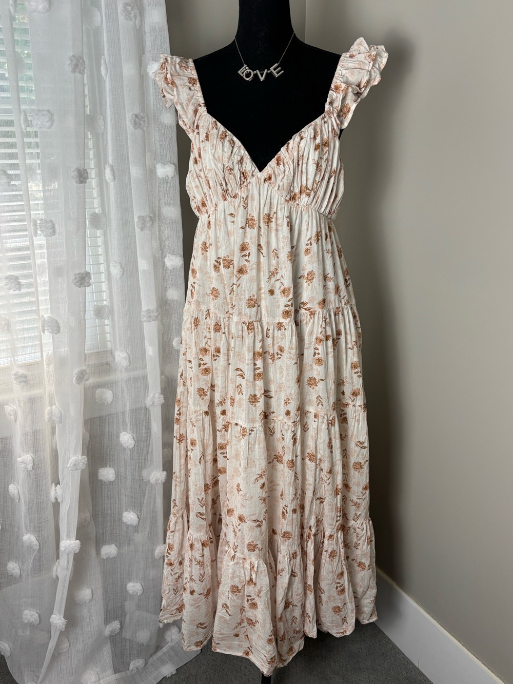 Anthropologie Rosie Cottage Core Cream Cotton Maxi Dress Floral Print Medium - Picture 7 of 17